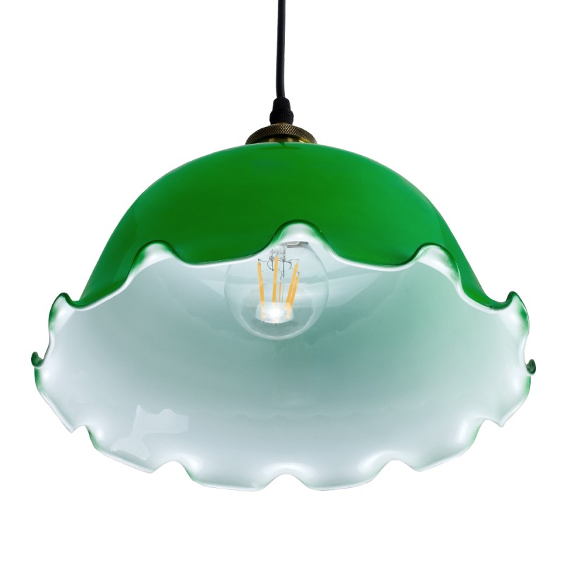 GloboStar® LIBRARY 00767 Vintage Κρεμαστό Φωτιστικό Καμπάνα Μονόφωτο 1 x E27 IP20 Πράσινο & Λευκό Γυαλί με Χρυσό & Μαύρο Μέταλλο - Μ26 x Π26 x Y20cm