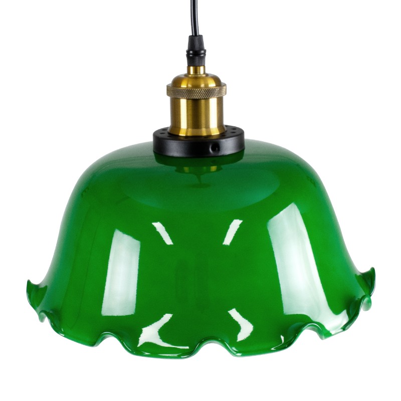 GloboStar® LIBRARY 00767 Vintage Κρεμαστό Φωτιστικό Καμπάνα Μονόφωτο 1 x E27 IP20 Πράσινο & Λευκό Γυαλί με Χρυσό & Μαύρο Μέταλλο - Μ26 x Π26 x Y20cm