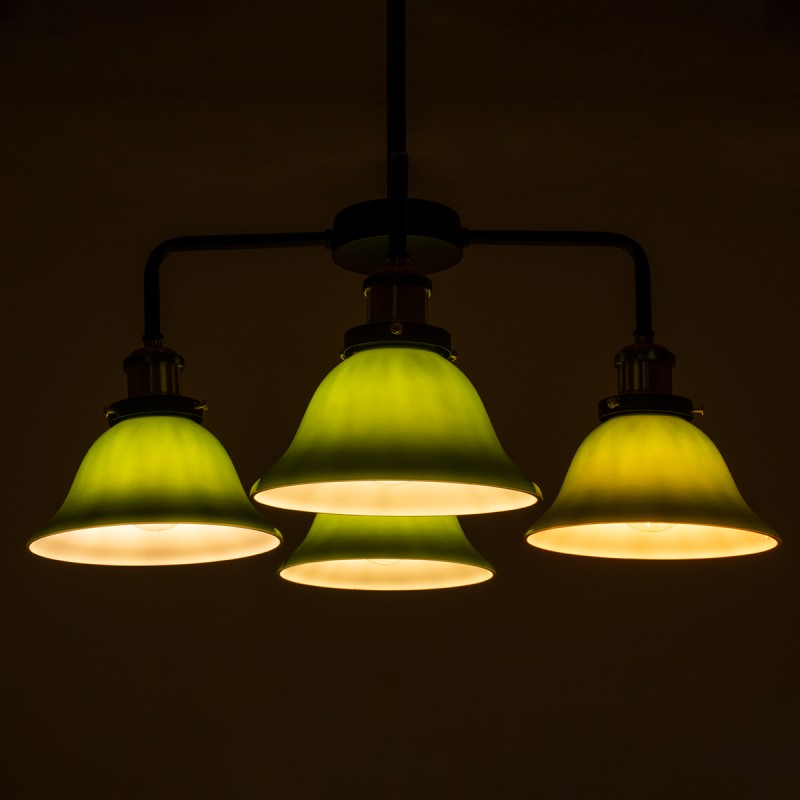 GloboStar® LIBRARY 00769 Vintage Φωτιστικό Οροφής Καμπάνα Πολύφωτο 4 x E27 IP20 Μαύρο & Χρυσό Μέταλλο με Πράσινο Γυαλί - Μ57 x Π57 x Υ90cm