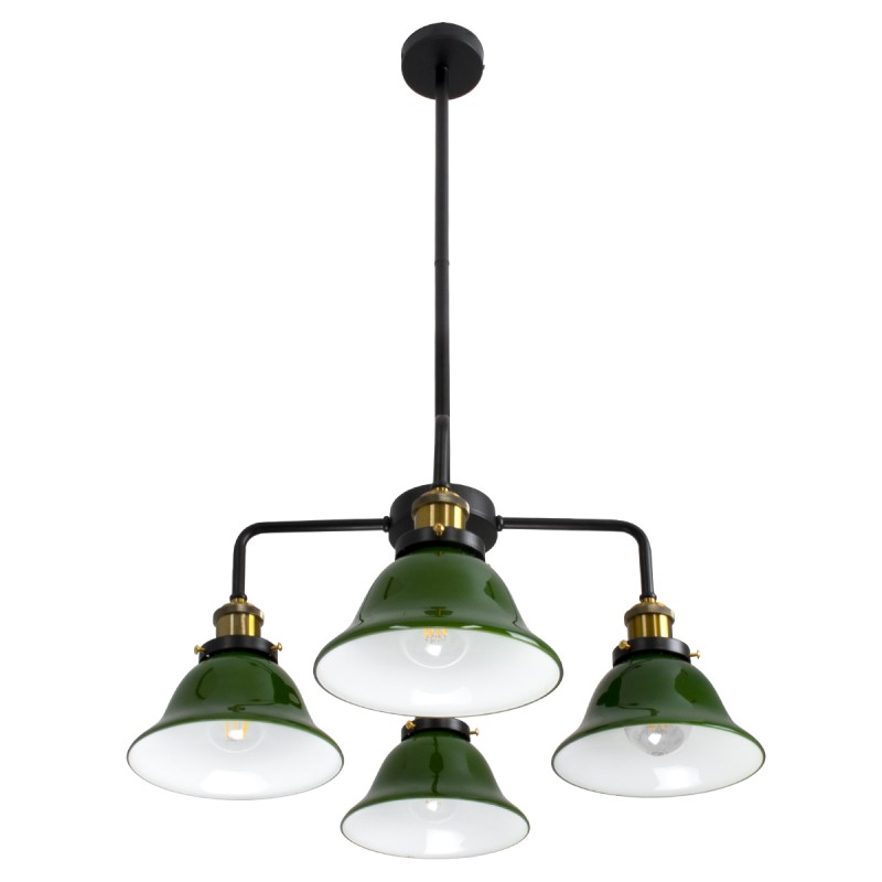 GloboStar® LIBRARY 00769 Vintage Φωτιστικό Οροφής Καμπάνα Πολύφωτο 4 x E27 IP20 Μαύρο & Χρυσό Μέταλλο με Πράσινο Γυαλί - Μ57 x Π57 x Υ90cm
