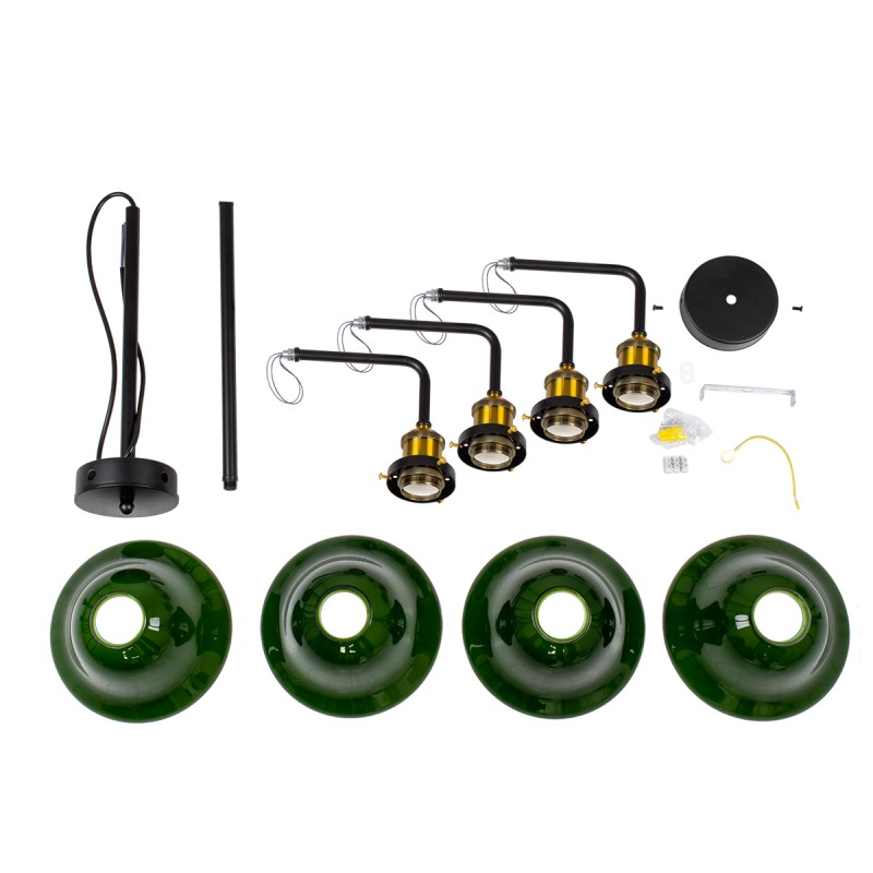 GloboStar® LIBRARY 00769 Vintage Φωτιστικό Οροφής Καμπάνα Πολύφωτο 4 x E27 IP20 Μαύρο & Χρυσό Μέταλλο με Πράσινο Γυαλί - Μ57 x Π57 x Υ90cm