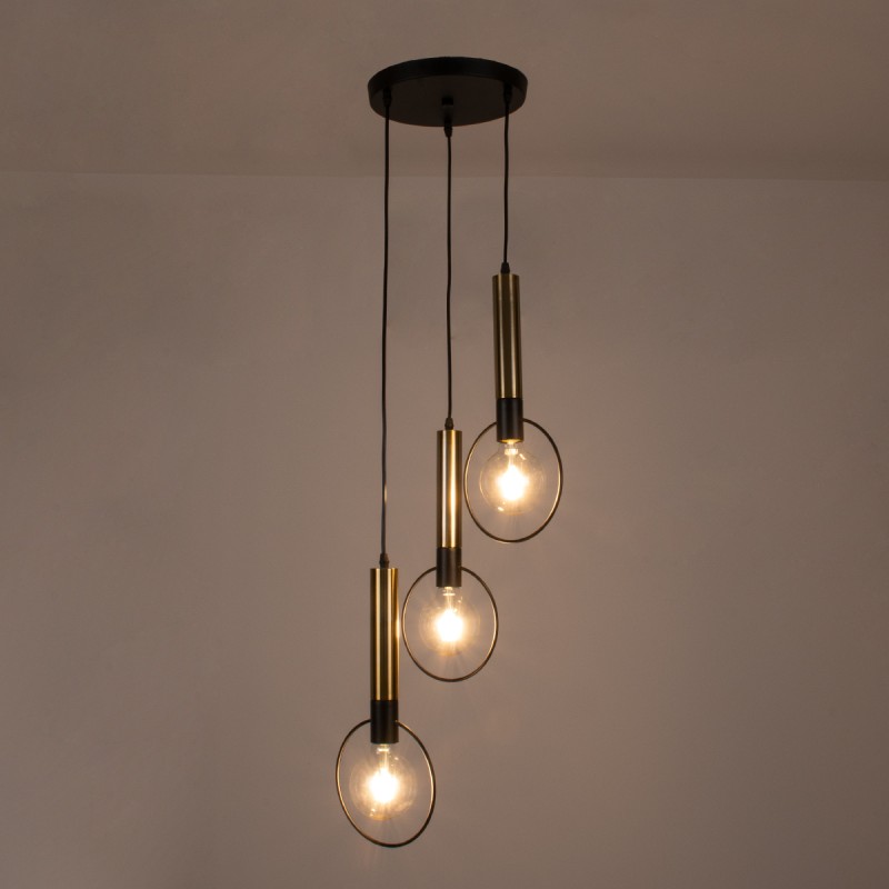 GloboStar® OLVERO 00773 Μοντέρνο Κρεμαστό Φωτιστικό Ανάρτηση Τρίφωτο 3 x E27 IP20 Μαύρο & Χρυσό Μέταλλο - Μ30 x Π30 x Y130cm