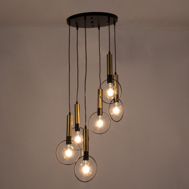 GloboStar® OLVERO 00774 Μοντέρνο Κρεμαστό Φωτιστικό Ανάρτηση Πολύφωτο 6 x E27 IP20 Μαύρο & Χρυσό Μέταλλο - Μ55 x Π55 x Y130cm