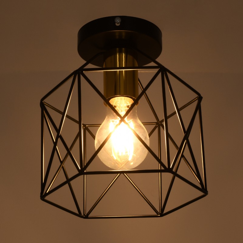 GloboStar® TRON 00792 Μοντέρνο Φωτιστικό Οροφής Πλέγμα Μονόφωτο 1 x E27 IP20 Μαύρο & Χρυσό Μέταλλο - Μ18 x Π18 x Υ19.5cm