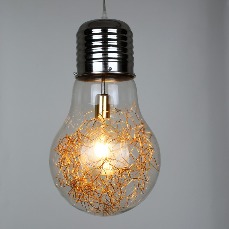 GloboStar® LAMP 00808 Μοντέρνο Κρεμαστό Φωτιστικό Φιγούρα Μονόφωτο 1 x E27 IP20 Ασημί & Χρυσό Μέταλλο με Διάφανο Γυαλί - Μ30 x Π30 x Υ52cm