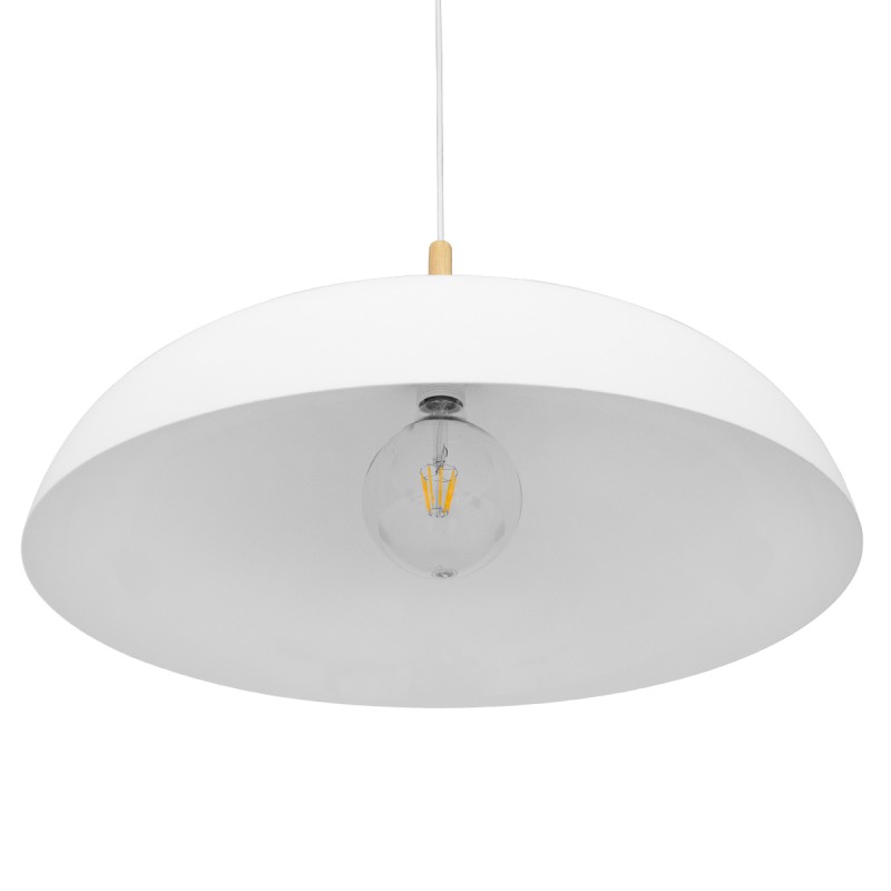 GloboStar® VALLETE 00837 Μοντέρνο Κρεμαστό Φωτιστικό Καμπάνα Μονόφωτο 1 x E27 IP20 Λευκό Μέταλλο με Μπεζ Ξύλο - Μ60 x Π60 x Υ35cm
