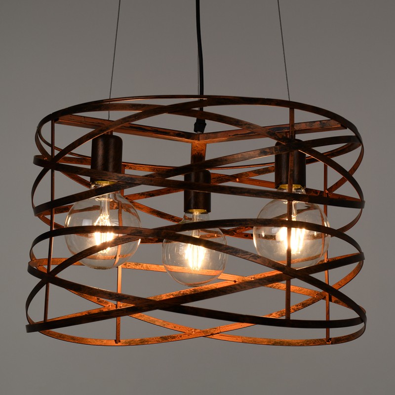 GloboStar® TOKEN 00856 Μοντέρνο Κρεμαστό Φωτιστικό Πλέγμα Τρίφωτο 3 x E27 IP20 Χάλκινο Μέταλλο Μ43 x Π43 x Υ29cm