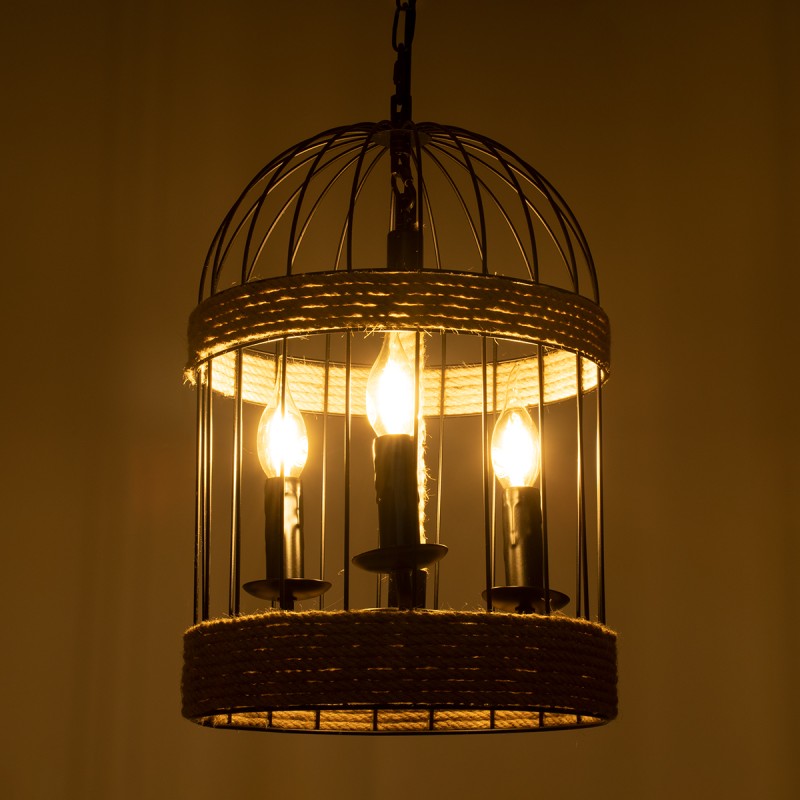 GloboStar® MERLIN 00865 Vintage Κρεμαστό Φωτιστικό Πλέγμα Τρίφωτο 3 x E14 IP20 Μαύρο Μέταλλο με Μπεζ Σχοινί - Μ28 x Π28 x Υ40cm