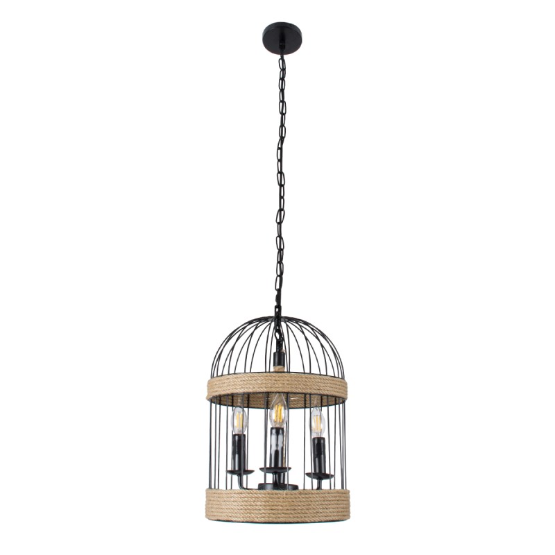 GloboStar® MERLIN 00865 Vintage Κρεμαστό Φωτιστικό Πλέγμα Τρίφωτο 3 x E14 IP20 Μαύρο Μέταλλο με Μπεζ Σχοινί - Μ28 x Π28 x Υ40cm