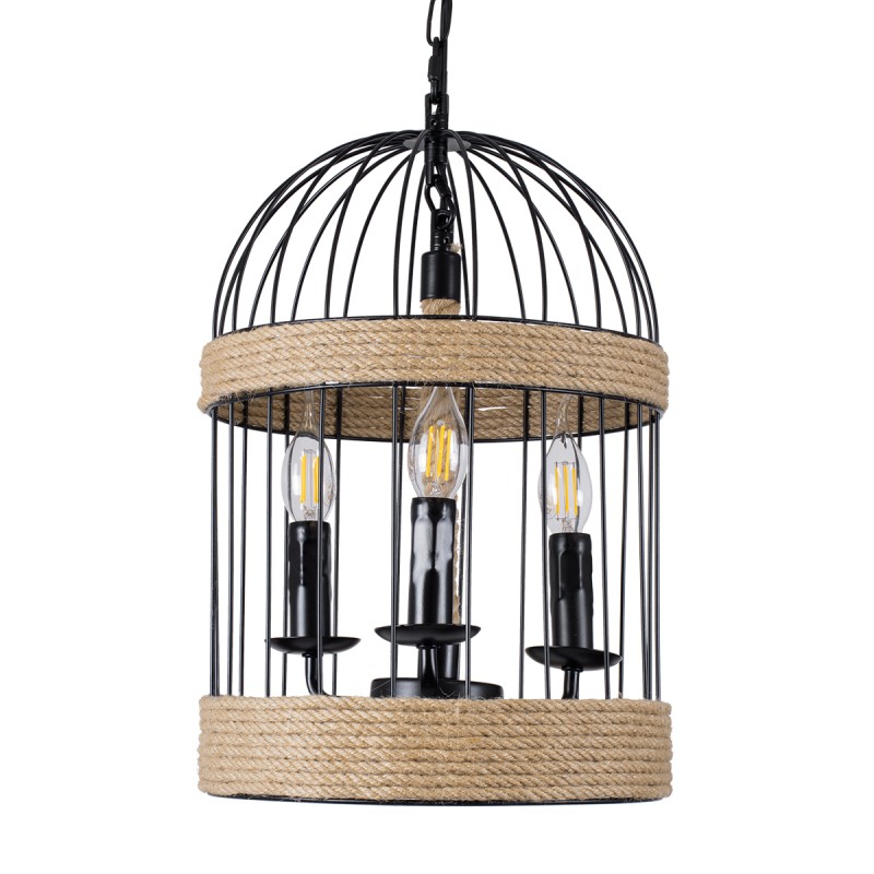 GloboStar® MERLIN 00865 Vintage Κρεμαστό Φωτιστικό Πλέγμα Τρίφωτο 3 x E14 IP20 Μαύρο Μέταλλο με Μπεζ Σχοινί - Μ28 x Π28 x Υ40cm