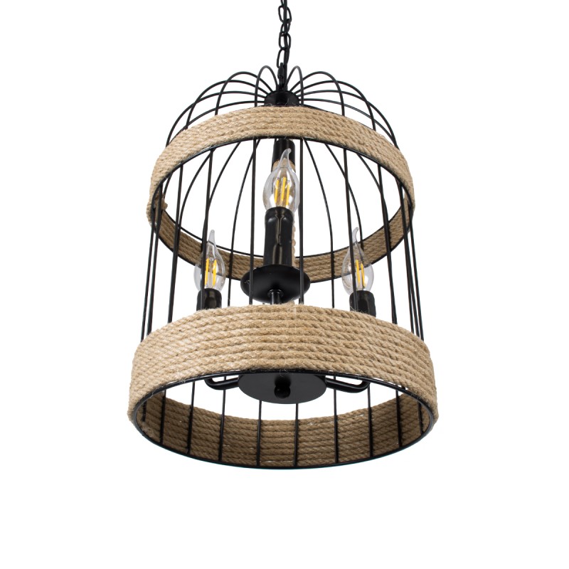 GloboStar® MERLIN 00865 Vintage Κρεμαστό Φωτιστικό Πλέγμα Τρίφωτο 3 x E14 IP20 Μαύρο Μέταλλο με Μπεζ Σχοινί - Μ28 x Π28 x Υ40cm