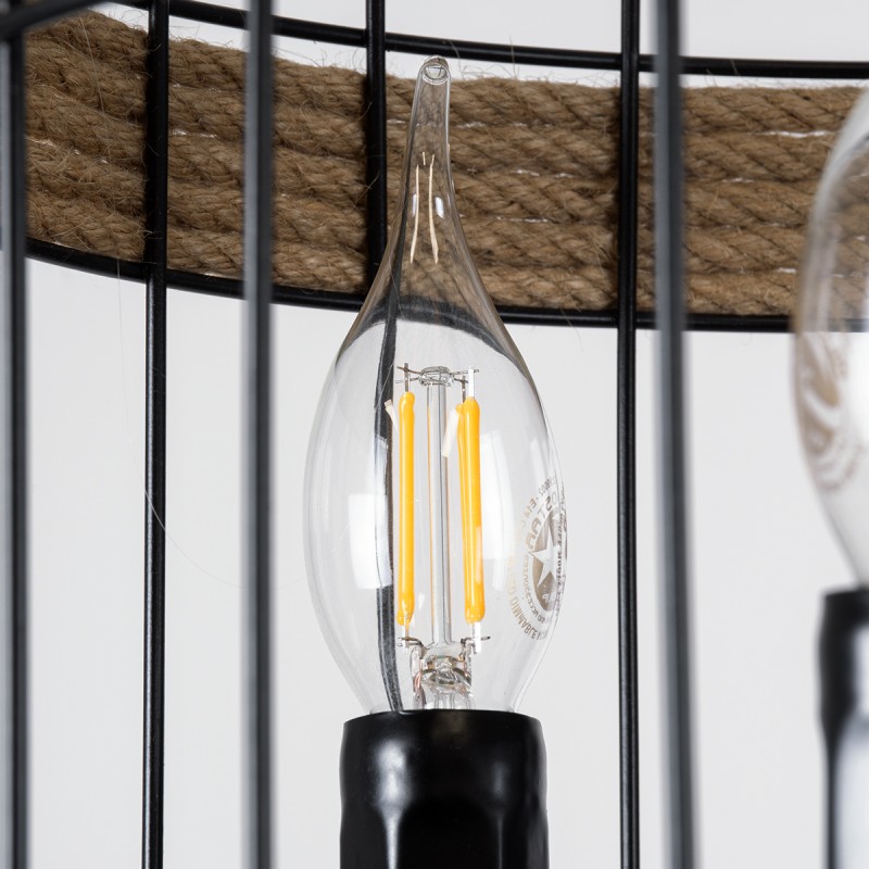 GloboStar® MERLIN 00865 Vintage Κρεμαστό Φωτιστικό Πλέγμα Τρίφωτο 3 x E14 IP20 Μαύρο Μέταλλο με Μπεζ Σχοινί - Μ28 x Π28 x Υ40cm