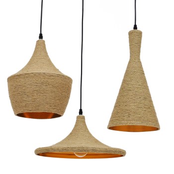 GLOBOSTAR® SHANGHAI ROPE 00875 Μοντέρνo Κρεμαστό Φωτιστικό Οροφής με Ντουί 3 x E27 AC 220-240V IP20 - Μπεζ & Χρυσό - Μ81 x Π81 x Υ39cm - Σετ 3 Τεμαχίων