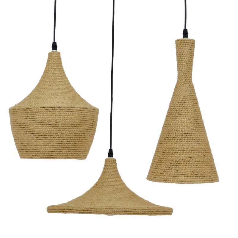 GloboStar® SHANGHAI ROPE 00875 Μοντέρνό Κρεμαστό Φωτιστικό Καμπάνα Σετ Τρίφωτο 3 x E27 IP20 Μπεζ Σχοινί με Χρυσό Μέταλλο - Μ81 x Π81 x Υ39cm