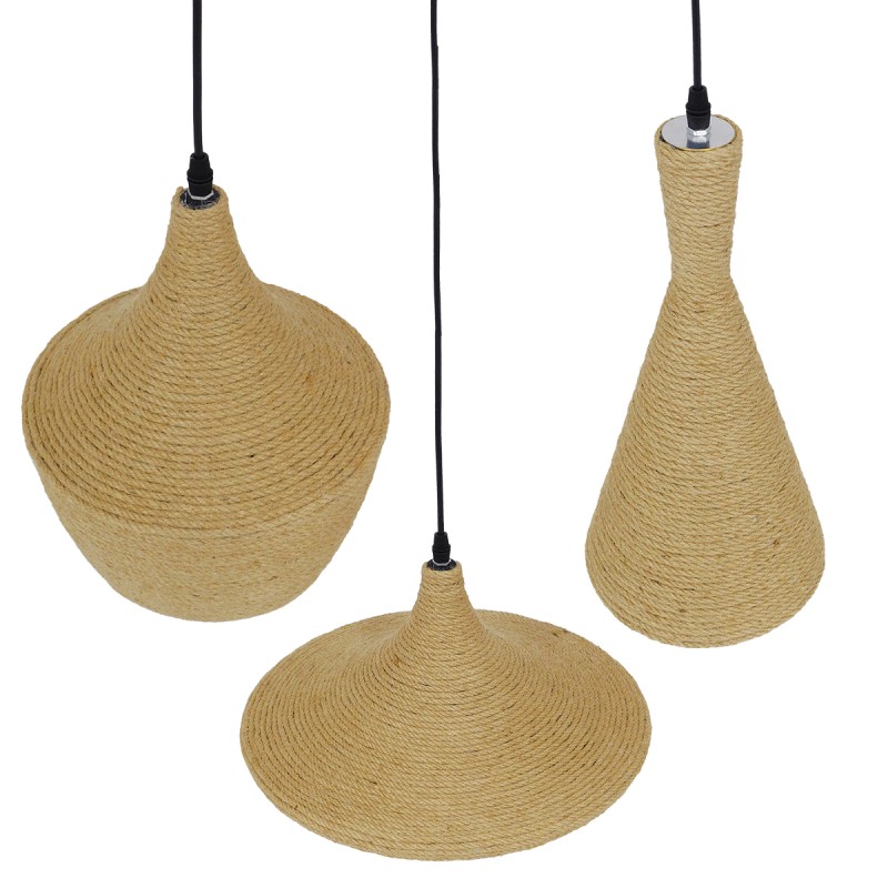 GloboStar® SHANGHAI ROPE 00875 Μοντέρνό Κρεμαστό Φωτιστικό Καμπάνα Σετ Τρίφωτο 3 x E27 IP20 Μπεζ Σχοινί με Χρυσό Μέταλλο - Μ81 x Π81 x Υ39cm