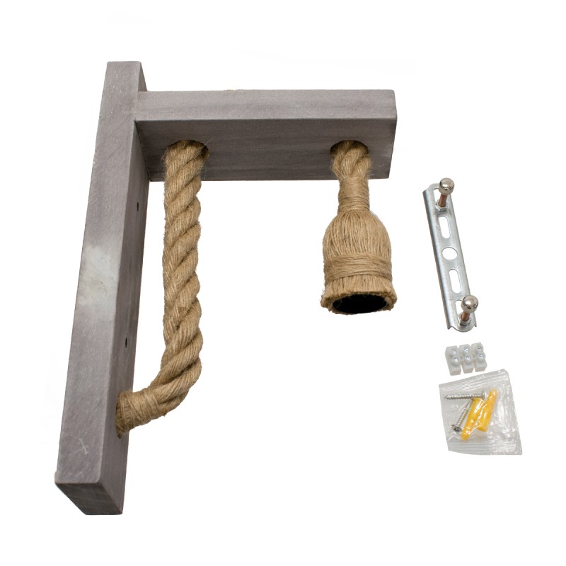 GloboStar® KENSI 00879 Vintage Επιτοίχιο Φωτιστικό Απλίκα Μονόφωτο 1 x E27 IP20 Γκρι Ξύλο με Μπεζ Σχοινί - Μ7 x Π20 x Υ30cm