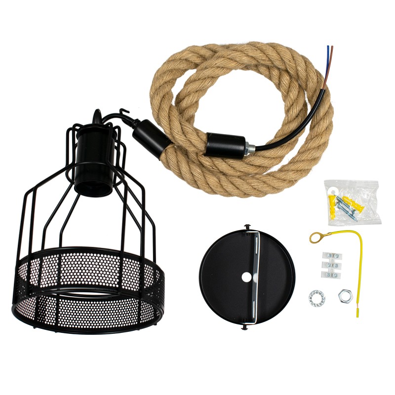 GloboStar® MASON 00881 Vintage Κρεμαστό Φωτιστικό Ανάρτηση Μονόφωτο 1 x E27 IP20 Μαύρο Μέταλλο με Μπεζ Σχοινί - Μ15 x Π15 x Υ24cm