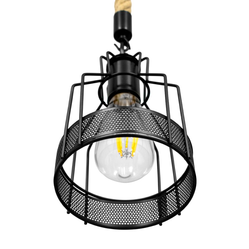 GloboStar® MASON 00881 Vintage Κρεμαστό Φωτιστικό Ανάρτηση Μονόφωτο 1 x E27 IP20 Μαύρο Μέταλλο με Μπεζ Σχοινί - Μ15 x Π15 x Υ24cm