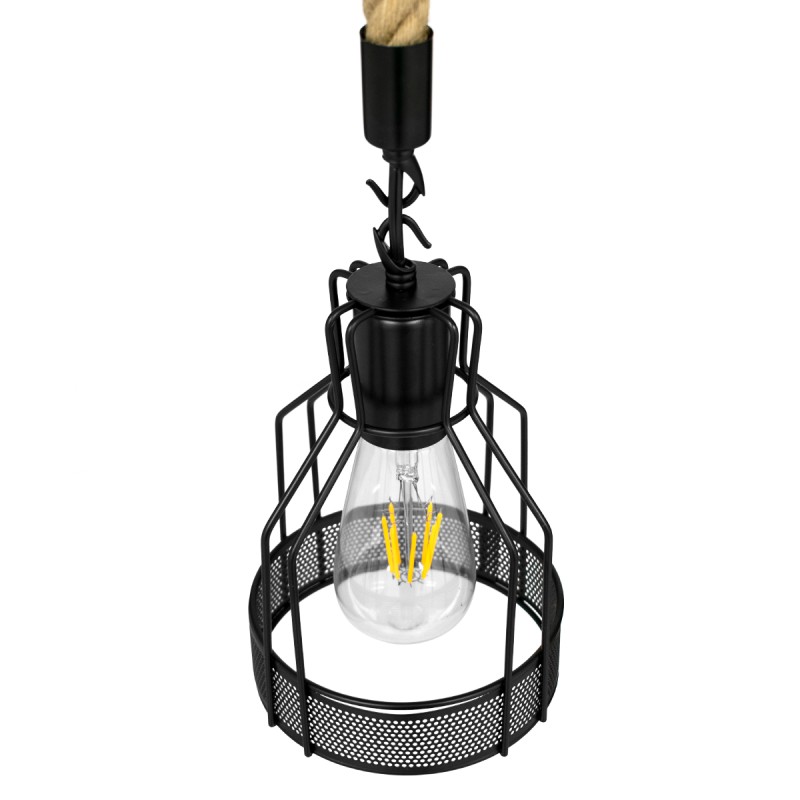 GloboStar® MASON 00881 Vintage Κρεμαστό Φωτιστικό Ανάρτηση Μονόφωτο 1 x E27 IP20 Μαύρο Μέταλλο με Μπεζ Σχοινί - Μ15 x Π15 x Υ24cm