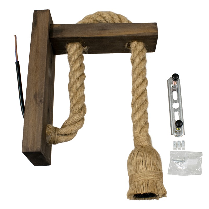 GloboStar® FLYN 00883 Vintage Επιτοίχιο Φωτιστικό Απλίκα Μονόφωτο 1 x E27 IP20 Καφέ Ξύλο με Μπεζ Σχοινί - Μ7 x Π19 x Υ28cm