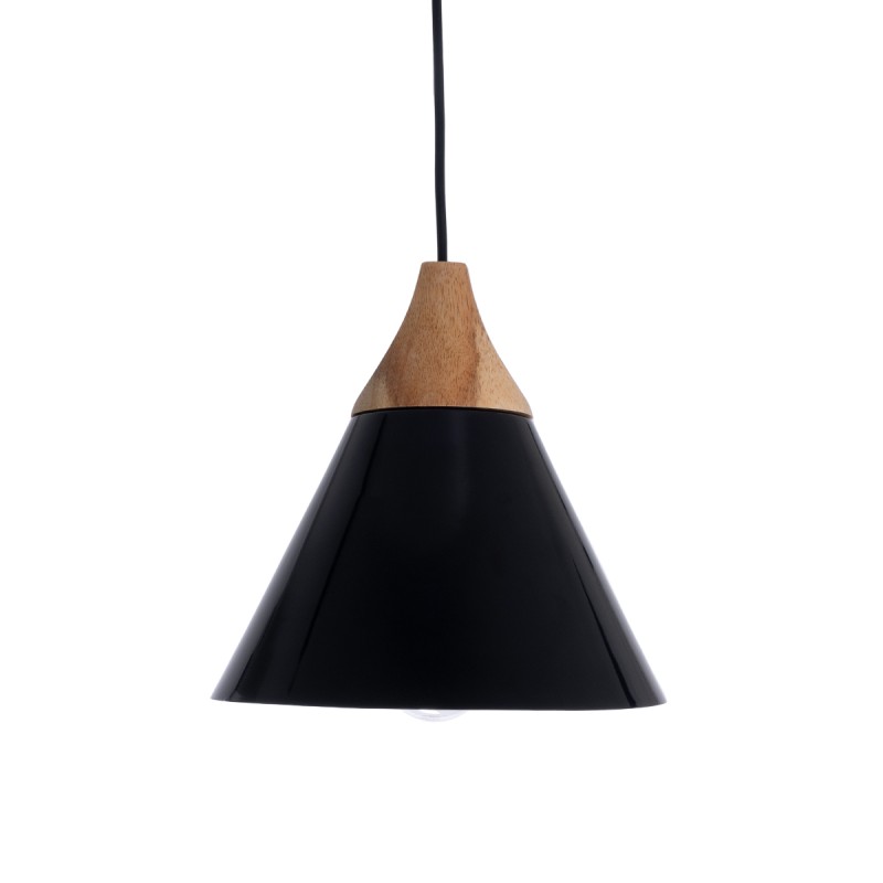 GloboStar® SHADE 00906 Μοντέρνο Κρεμαστό Φωτιστικό Καμπάνα Μονόφωτο 1 x E27 IP20 Μαύρο Μέταλλο με Μπεζ Ξύλο - Μ23 x Π23 x Υ22cm