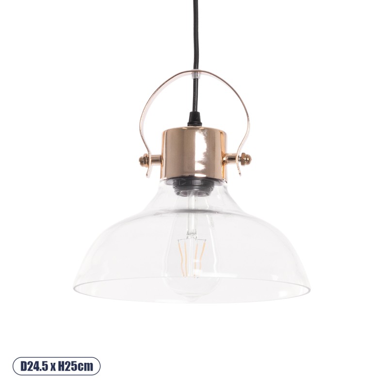 GloboStar® JAVER 00933 Vintage Κρεμαστό Φωτιστικό Καμπάνα Μονόφωτο 1 x E27 IP20 Διάφανο Γυαλί με Χάλκινο Μέταλλο - Μ24.5 x Π24.5 x Υ25cm