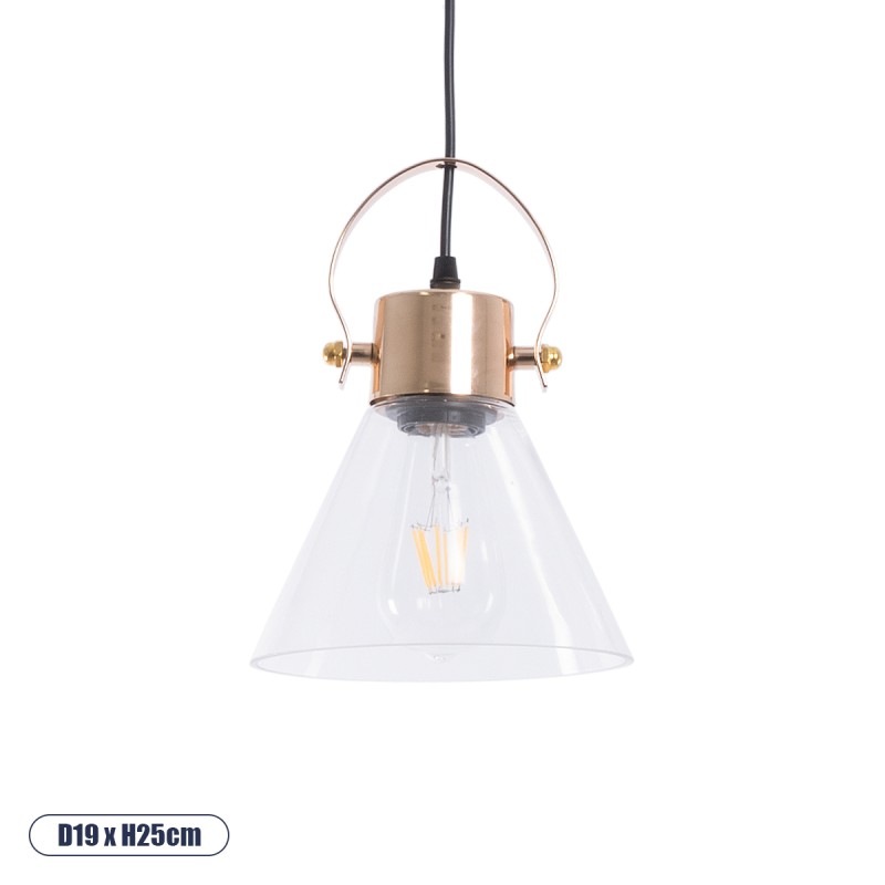 GloboStar® JAVER 00935 Vintage Κρεμαστό Φωτιστικό Καμπάνα Μονόφωτο 1 x E27 IP20 Διάφανο Γυαλί με Χάλκινο Μέταλλο - Μ19 x Π19 x Υ25cm