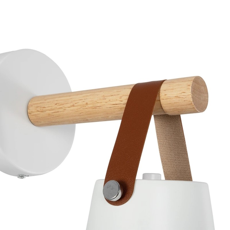GloboStar® AMY 00946 Μοντέρνο Επιτοίχιο Φωτιστικό Απλίκα Μονόφωτο 1 x E27 IP20 Λευκό Μέταλλο, Μπεζ Ξύλο με Πορτοκαλί Δέρμα - Μ19 x Π13 x Y14cm