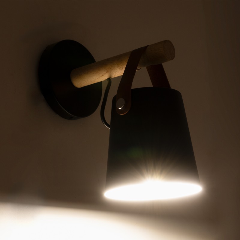 GloboStar® AMY 00947 Μοντέρνο Επιτοίχιο Φωτιστικό Απλίκα Μονόφωτο 1 x E27 IP20 Μαύρο Μέταλλο, Μπεζ Ξύλο με Καφέ Δέρμα - Μ13 x Π22 x Υ25.5cm