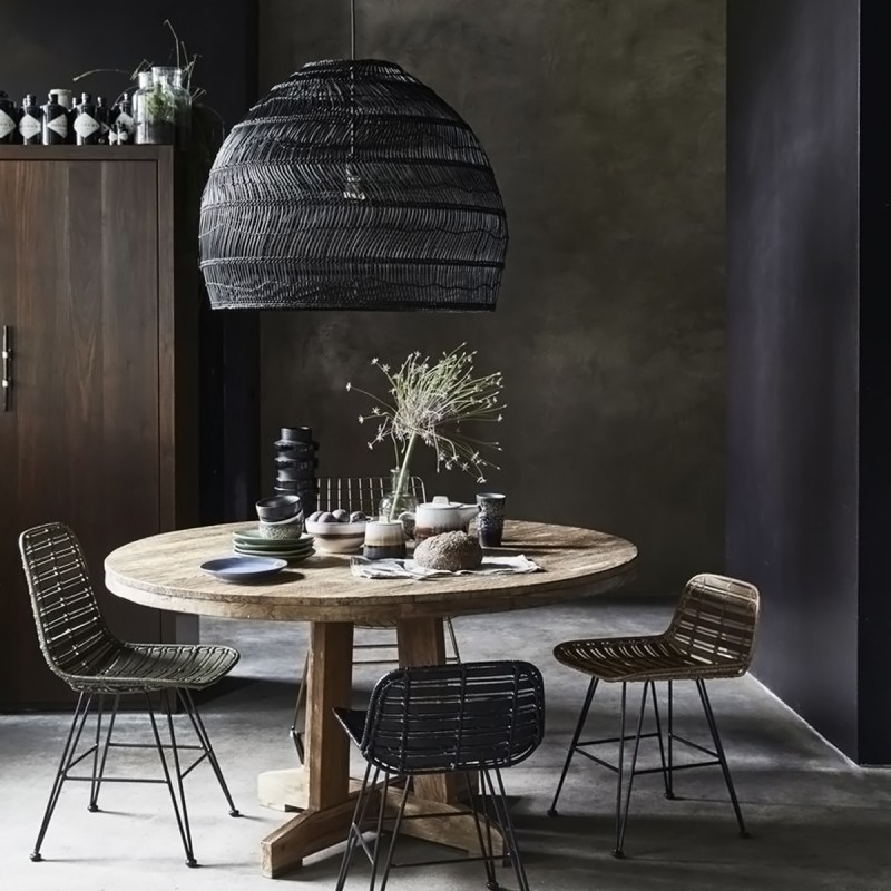 GloboStar® MALIBU 00966 Boho Κρεμαστό Φωτιστικό Πλέγμα Μονόφωτο 1 x E27 IP20 Μαύρο Ξύλο - Μ100 x Π100 x Y86cm