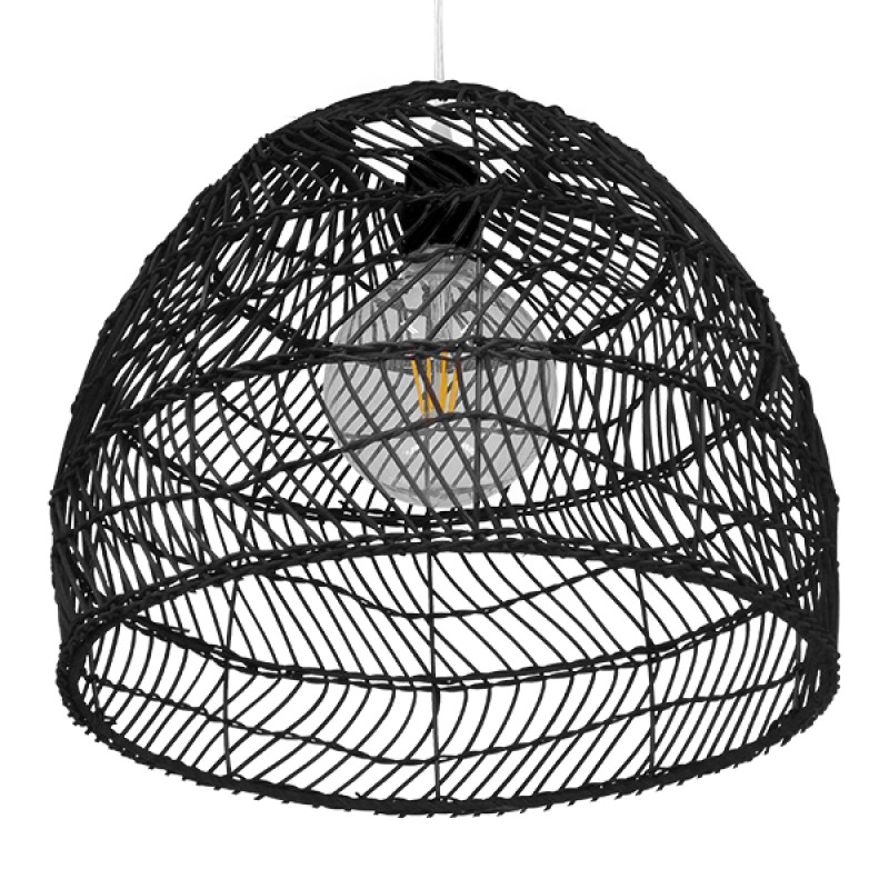 GloboStar® MALIBU 00969 Boho Κρεμαστό Φωτιστικό Πλέγμα Μονόφωτο 1 x E27 IP20 Μαύρο Ξύλο - Μ40 x Π40 x Υ35cm