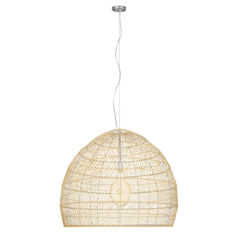 GloboStar® MALIBU 00974 Boho Κρεμαστό Φωτιστικό Πλέγμα Μονόφωτο 1 x E27 IP20 Μπεζ Ξύλο - Μ100 x Π100 x Υ86cm