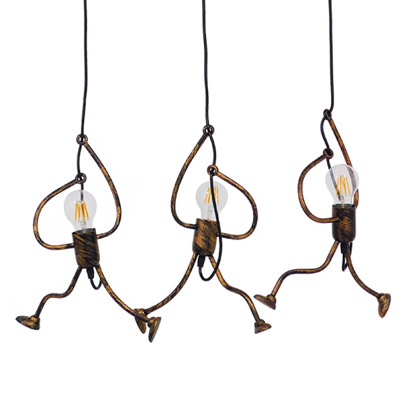 GloboStar® LITTLE MAN 00979 Μοντέρνο Κρεμαστό Φωτιστικό Φιγούρα Τρίφωτο 3 x E27 IP20 Χάλκινο Μέταλλο - Μ70 x Π10 x Υ105cm
