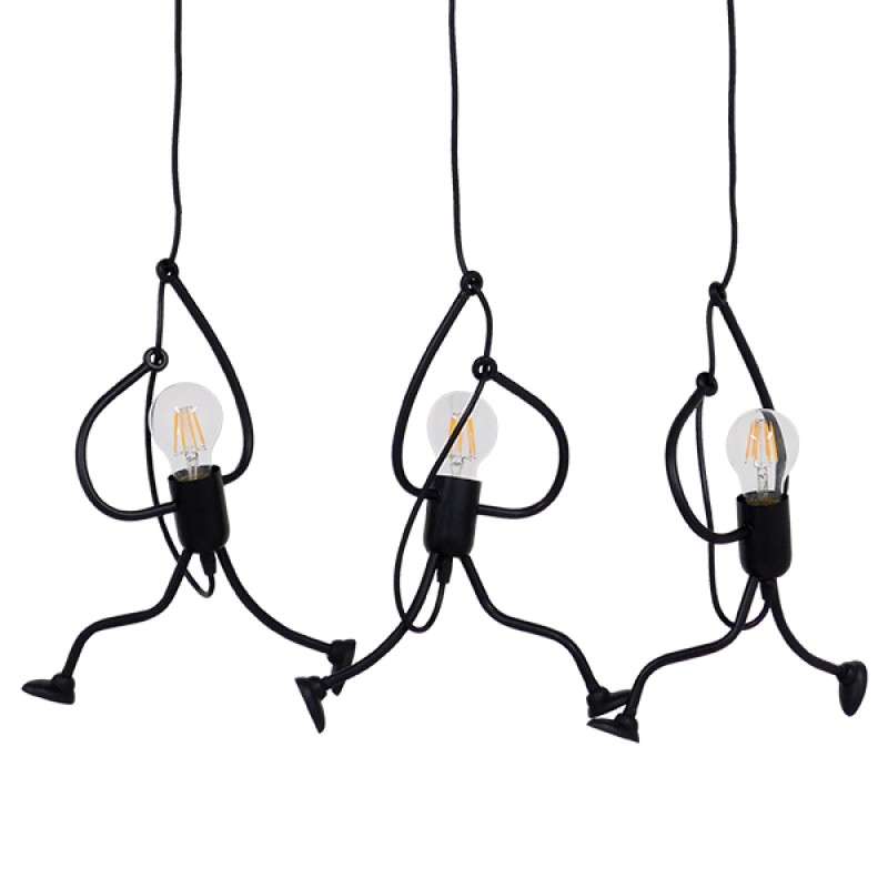 GloboStar® LITTLE MAN 00980 Μοντέρνο Κρεμαστό Φωτιστικό Φιγούρα Τρίφωτο 3 x E27 IP20 Μαύρο Μέταλλο - Μ70 x Π10 x Υ105cm