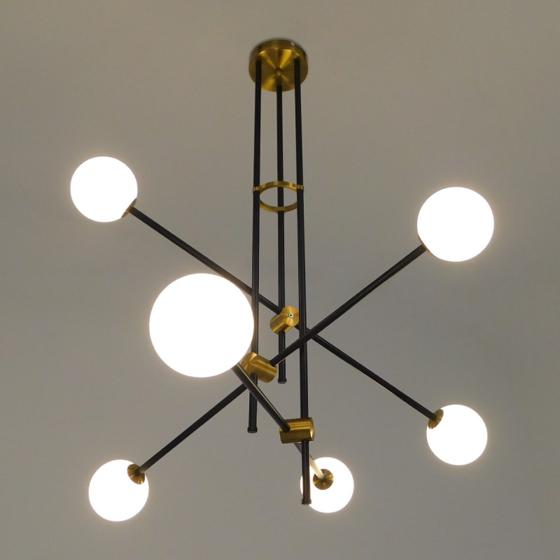 GloboStar® VELVET 00994 Μοντέρνο Φωτιστικό Οροφής Πλέγμα Πολύφωτο 6 x G9 IP20 Μαύρο & Χρυσό Μέταλλο με Λευκό Γυαλί - Μ80 x Π80 x Υ85cm