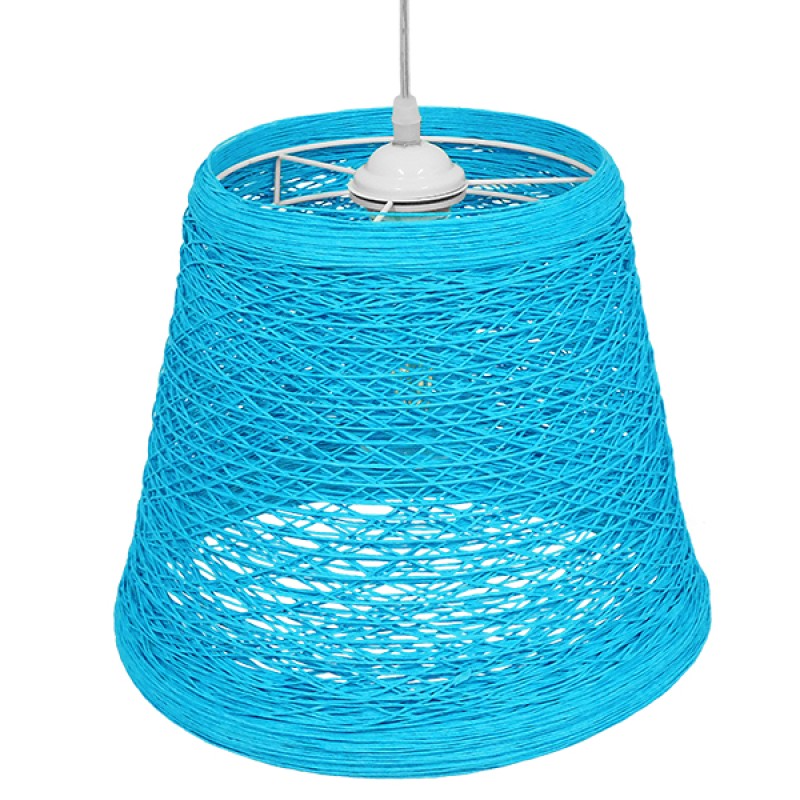 GloboStar® PLAYROOM 00995 Vintage Κρεμαστό Φωτιστικό Καμπάνα Μονόφωτο 1 x E27 IP20 Μπλε Rattan - Μ32 x Π32 x Υ27cm
