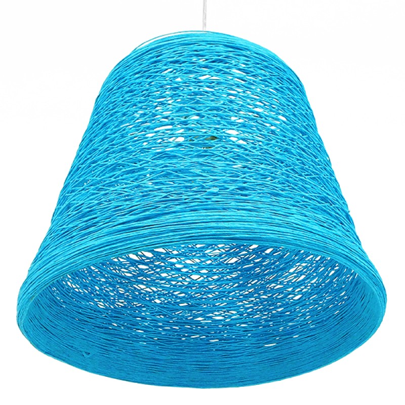GloboStar® PLAYROOM 00995 Vintage Κρεμαστό Φωτιστικό Καμπάνα Μονόφωτο 1 x E27 IP20 Μπλε Rattan - Μ32 x Π32 x Υ27cm