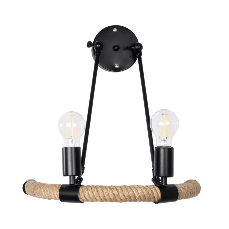 GloboStar® CROWN 01002 Vintage Επιτοίχιο Φωτιστικό Απλίκα Δίφωτο 2 x E27 IP20 Μαύρο Μέταλλο με Μπεζ Σχοινί - Μ41 x Π24 x Υ40cm