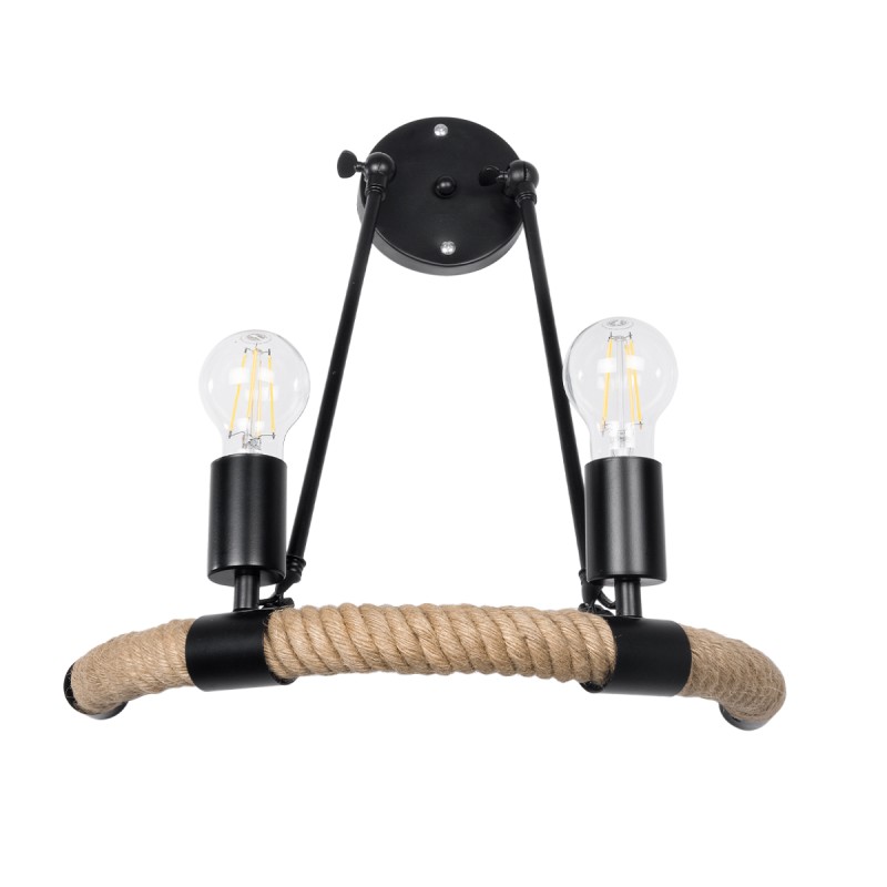 GloboStar® CROWN 01002 Vintage Επιτοίχιο Φωτιστικό Απλίκα Δίφωτο 2 x E27 IP20 Μαύρο Μέταλλο με Μπεζ Σχοινί - Μ41 x Π24 x Υ40cm
