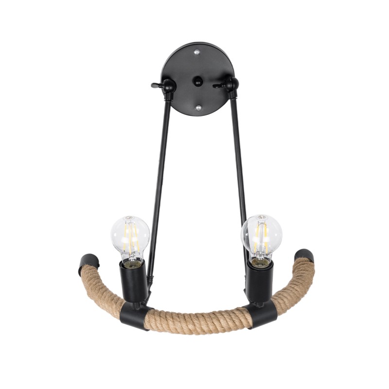 GloboStar® CROWN 01002 Vintage Επιτοίχιο Φωτιστικό Απλίκα Δίφωτο 2 x E27 IP20 Μαύρο Μέταλλο με Μπεζ Σχοινί - Μ41 x Π24 x Υ40cm
