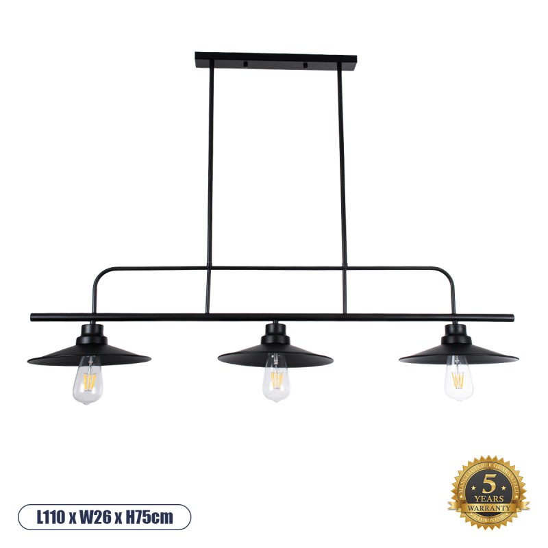 GloboStar® REGAL 01009 Vintage Φωτιστικό Οροφής Ράγα Τρίφωτο 3 x E27 IP20 Μαύρο Μέταλλο - Μ110 x Π26 x Υ75cm