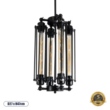 GLOBOSTAR® TUBING 01013 Vintage Κρεμαστό Φωτιστικό Οροφής με Ντουί 4 x E27 AC 220-240V IP20 - Μαύρο - Μ27 x Π27 x Y47cm