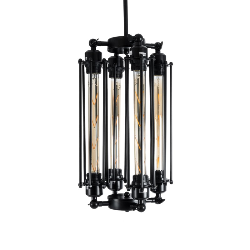 GloboStar® TUBING 01013 Vintage Κρεμαστό Φωτιστικό Πλέγμα Πολύφωτο 4 x E27 IP20 Μαύρο Μέταλλο - Μ27 x Π27 x Y47cm