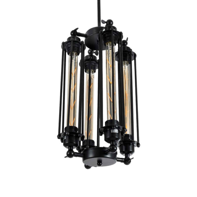 GloboStar® TUBING 01013 Vintage Κρεμαστό Φωτιστικό Πλέγμα Πολύφωτο 4 x E27 IP20 Μαύρο Μέταλλο - Μ27 x Π27 x Y47cm