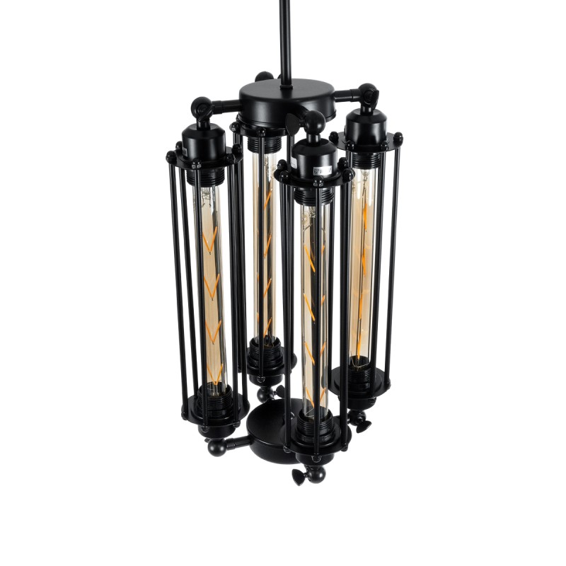 GloboStar® TUBING 01013 Vintage Κρεμαστό Φωτιστικό Πλέγμα Πολύφωτο 4 x E27 IP20 Μαύρο Μέταλλο - Μ27 x Π27 x Y47cm