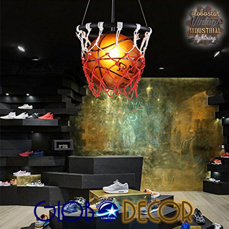 GloboStar® NBA 01027 Μοντέρνο Κρεμαστό Φωτιστικό Μπάλα Μονόφωτο 1 x E27 IP20 Μαύρο Μέταλλο με Πορτοκαλί & Μαύρο Γυαλί - Μ32 x Π32 x Υ58cm