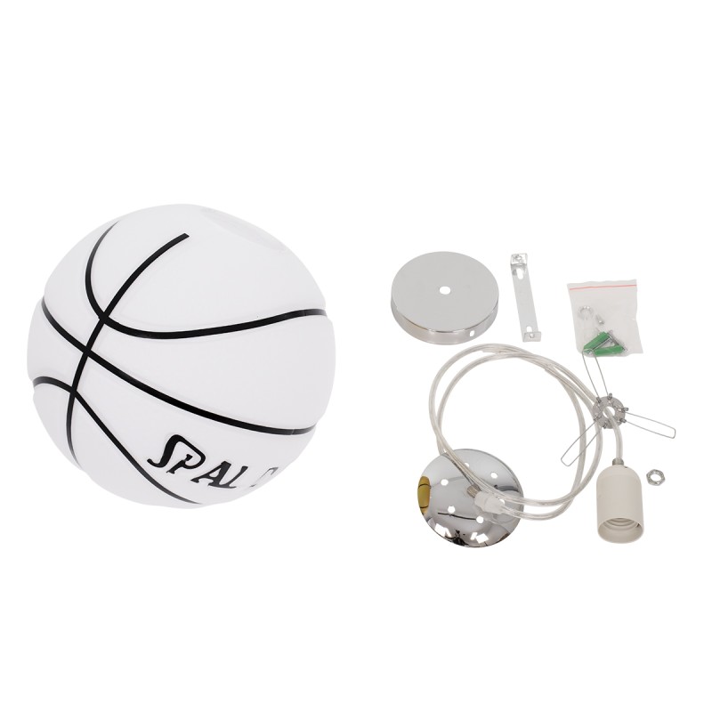 GloboStar® SPALDING NBA 01031 Παιδικό Κρεμαστό Φωτιστικό Μπάλα Μονόφωτο 1 x E27 IP20 Λευκό & Μαύρο Γυαλί - Μ25 x Π25 x Υ25cm