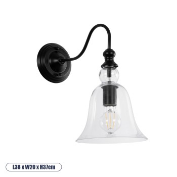GLOBOSTAR® LILLY 01064 Vintage Φωτιστικό Τοίχου - Απλίκα με Ντουί 1 x E27 AC 220-240V IP20 - Μαύρο & Διάφανο - Μ38 x Π20 x Υ37cm