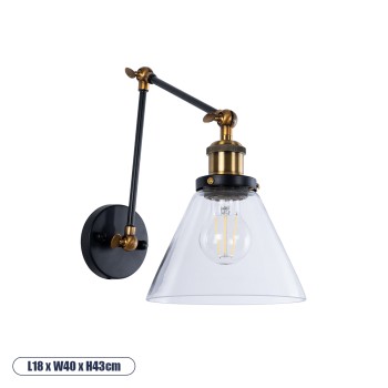 GLOBOSTAR® BINGLEY 01068 Vintage Φωτιστικό Τοίχου - Απλίκα με Ντουί 1 x E27 AC 220-240V IP20 - Διάφανο & Χρυσό - Μ18 x Π40 x Υ43cm