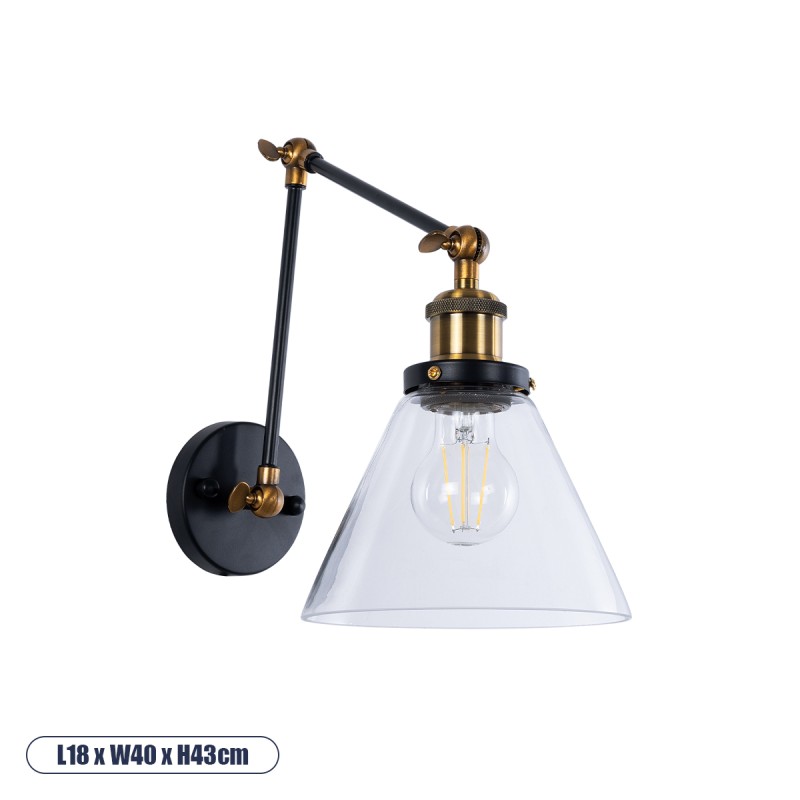 GloboStar® OLIVIA 01068 Vintage Επιτοίχιο Φωτιστικό Απλίκα Μονόφωτο 1 x E27 IP20 Μαύρο & Χρυσό Μέταλλο με Διάφανο Γυαλί - Μ18 x Π40 x Υ43cm